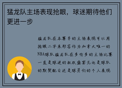 猛龙队主场表现抢眼，球迷期待他们更进一步